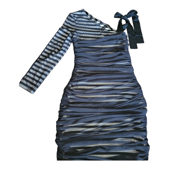 BCBGMaxAzria Dress Bodycon One-Shoulder Dress Black White Stripe Mesh Overlay XS - Picture 3 of 16